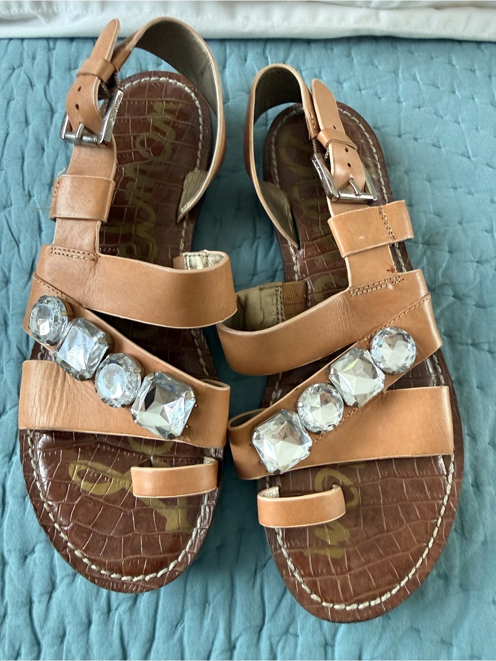 Sam Edelman Tan Leather Gem-Embellished Sandals